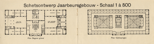 39985 Plattegrond van de begane grond (links) en de verdiepingen (rechts) van het ontworpen eerste vaste ...